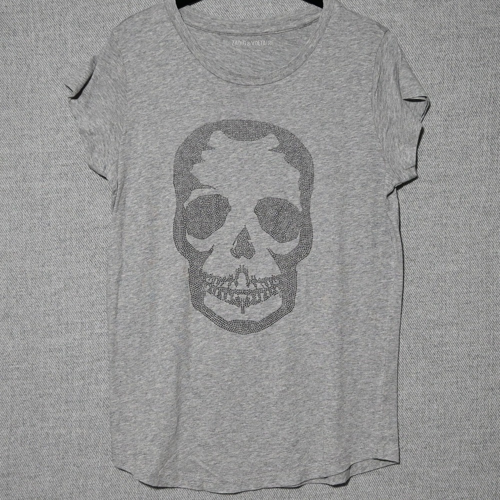 Zadig & Voltaire T-Shirt Womens Rhinestone Skull Studded India Grey M
